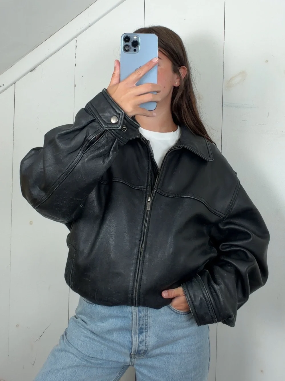 Vintage Black Genuine Leather Bomber Jacket Men’s L Full Zip James Dean 90s Y2K